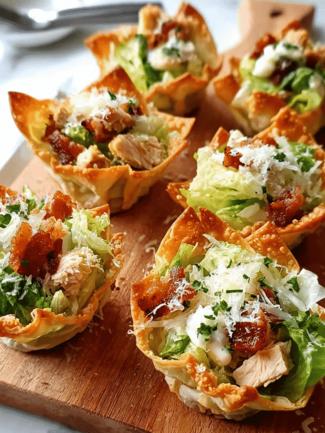 Caesar Salad Wonton Cups filled with chicken and romaine