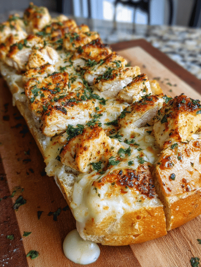 Cheesy Chicken Alfredo Garlic Bread with melted cheese