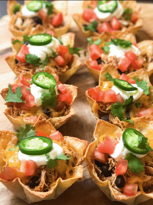 Cheesy Chicken Nacho Cups baked in muffin pan with fresh toppings