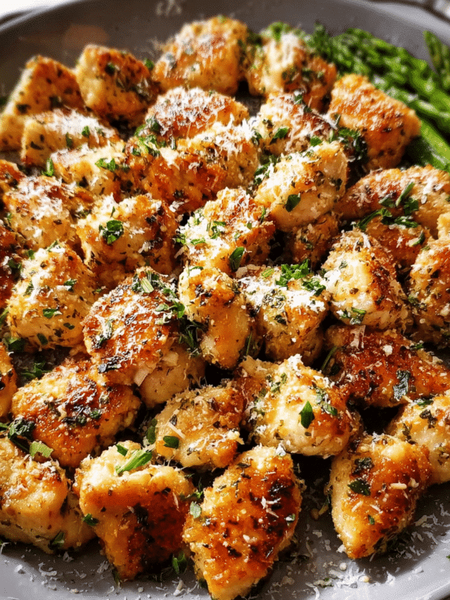 Golden Cheesy Chicken Parmesan Bites in skillet with parsley