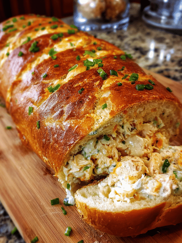 Cheesy Chicken Ranch Stuffed Bread sliced and served warm