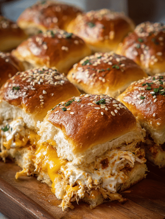 Golden baked cheesy chicken sliders with sesame seed tops in a baking dish