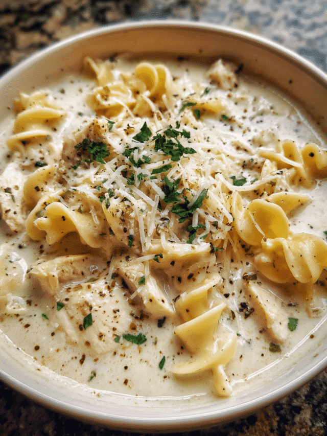 Bowl of Chicken Alfredo Chowder with fresh herbs
