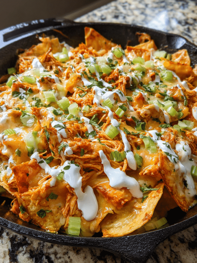 Chicken Alfredo Nacho Skillet with melted cheese and buffalo chicken in cast iron pan