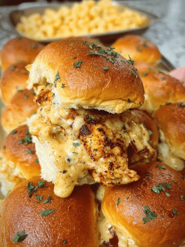 Golden Chicken Alfredo Party Sliders fresh from the oven