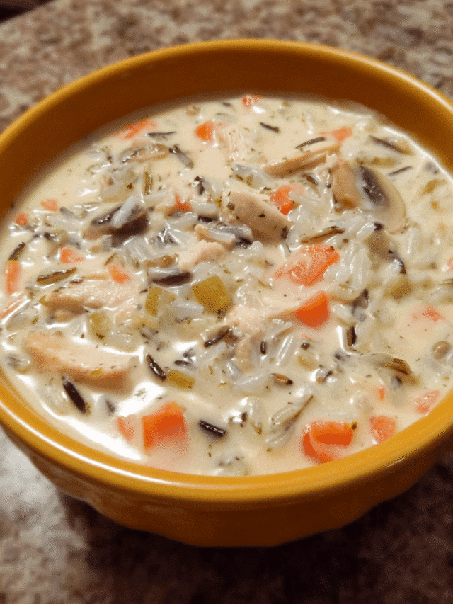 Bowl of creamy Chicken Alfredo Rice Soup with wild rice and chicken