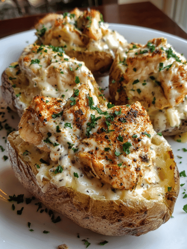 Chicken Alfredo Stuffed Potato filled with creamy chicken and Parmesan sauce
