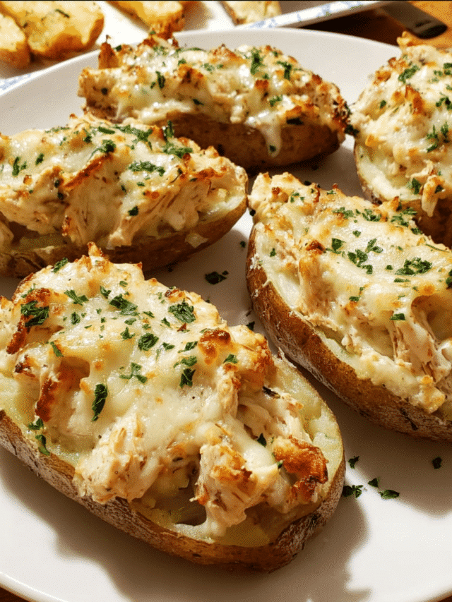 Chicken Alfredo Twice Baked Potatoes topped with melted Parmesan and parsley