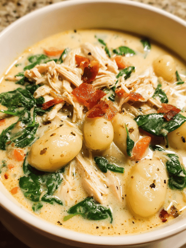 Creamy bowl of Chicken Bacon Gnocchi Soup with spinach