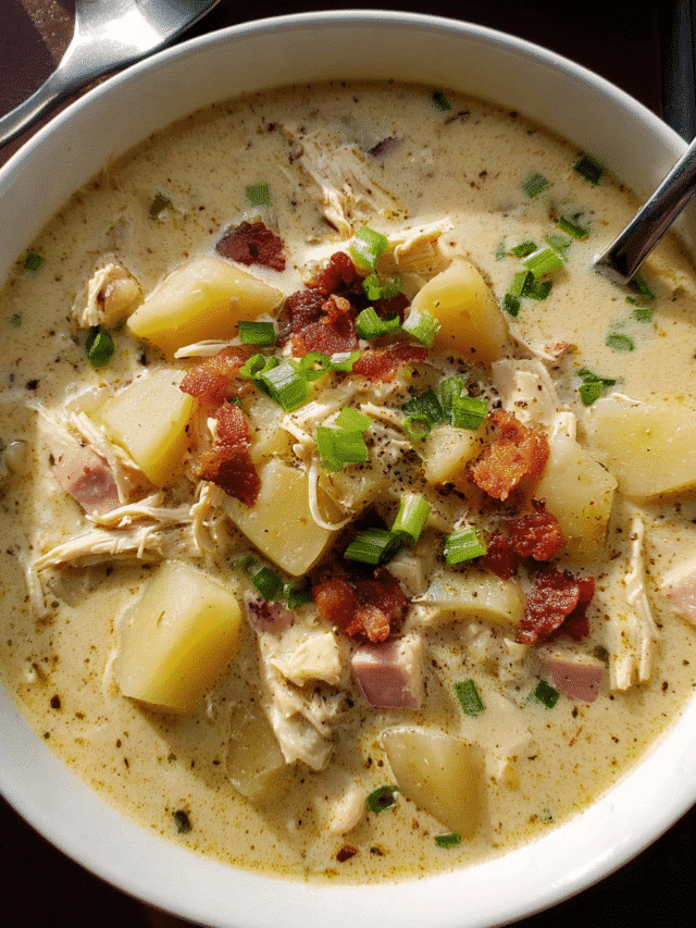 Creamy Chicken Bacon Potato Soup in a bowl with green onions