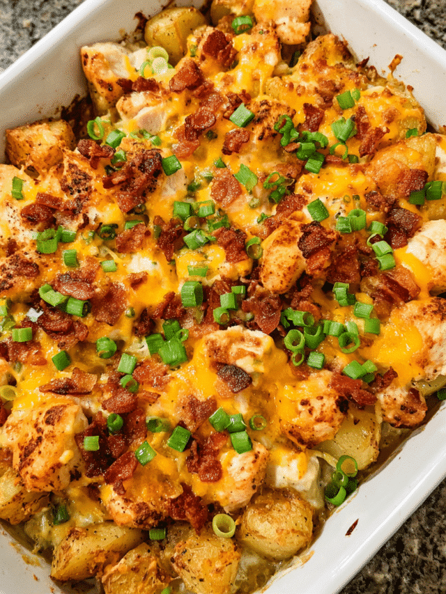 Chicken bacon ranch potato casserole baked with cheddar and turkey bacon