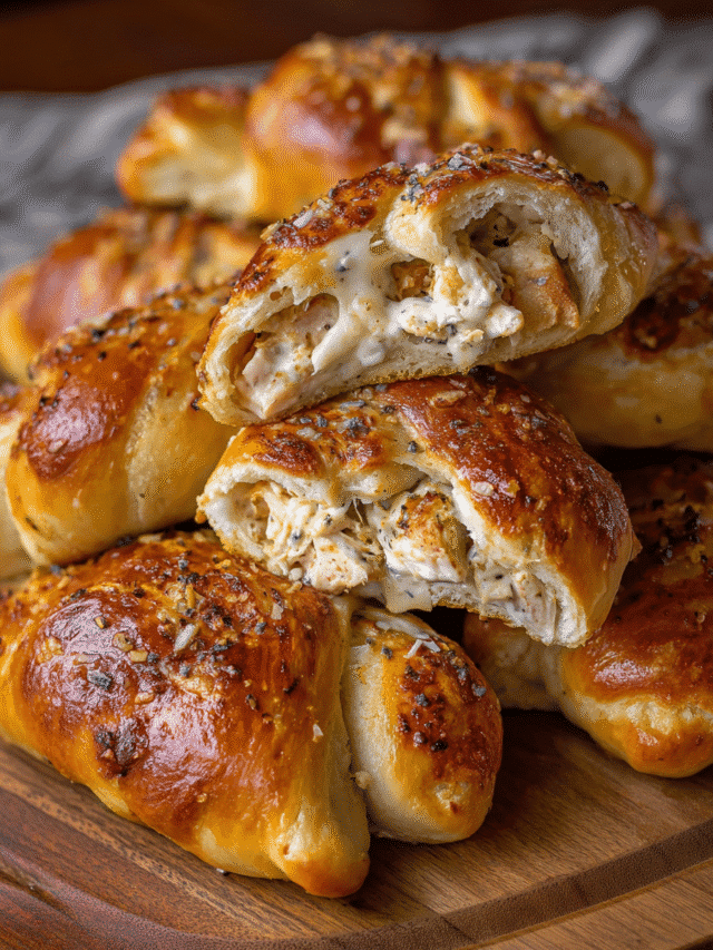 Golden baked chicken bacon ranch stuffed pretzels on tray