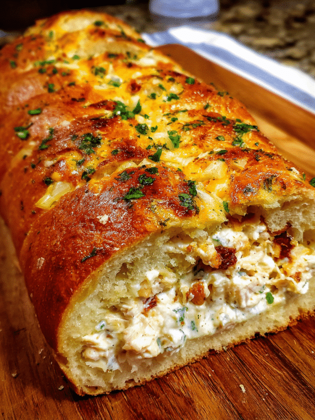 Sliced chicken bacon ranch stuffed bread with melted cheese and turkey bacon