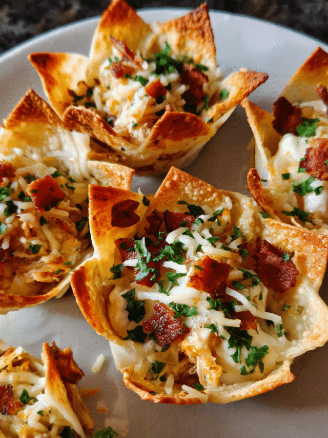 Chicken Bacon Ranch Wonton Cups baked golden in muffin tin