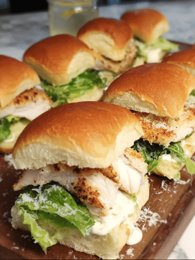 Chicken Caesar Sliders with grilled chicken and Parmesan crisp