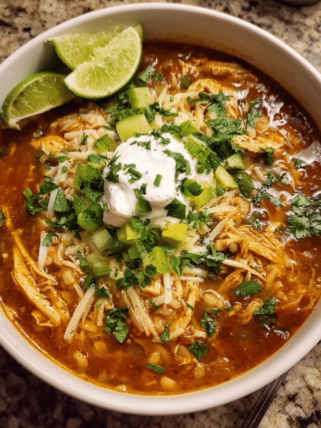 Bowl of Chicken Enchilada Rice Soup with toppings
