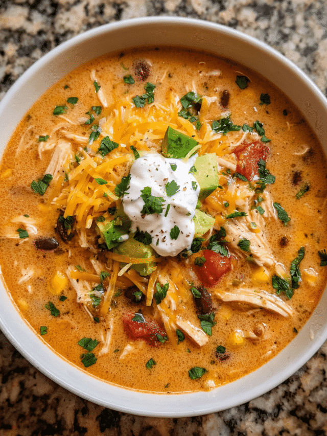 Bowl of creamy chicken enchilada soup with toppings
