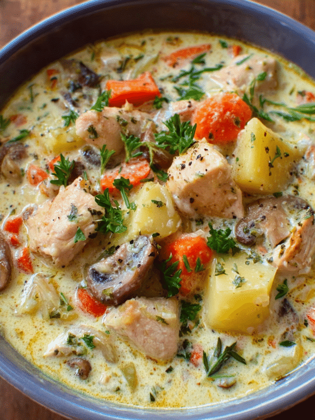 Chicken Parmesan Cream Stew with golden potatoes and creamy Parmesan broth in white bowl