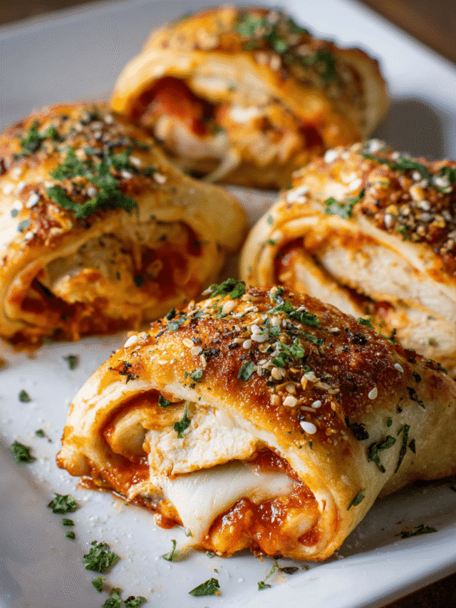 Golden baked Chicken Parmesan Pizza Rolls on parchment paper