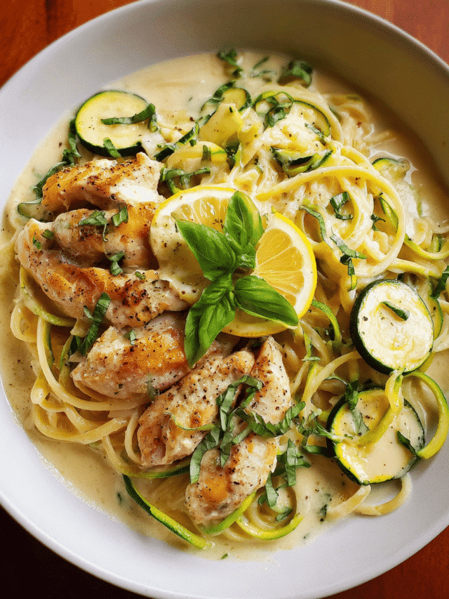Creamy Chicken Philly Pasta Soup served in a bowl with zucchini and basil garnish