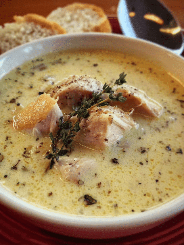 Chicken and roasted garlic cream soup in bowl with herbs
