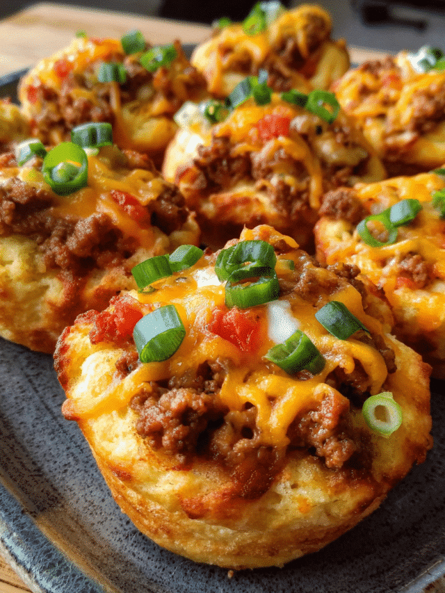 Chicken Taco Biscuit Cups baked in a muffin tin with melted cheddar cheese