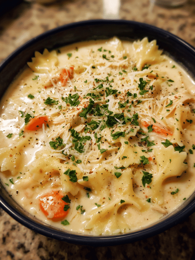 Bowl of creamy chicken Alfredo stew with pasta and parsley