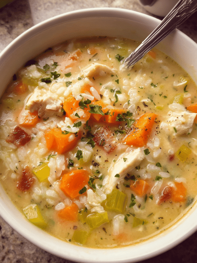 Creamy chicken bacon soup in a white bowl with shredded chicken and herbs