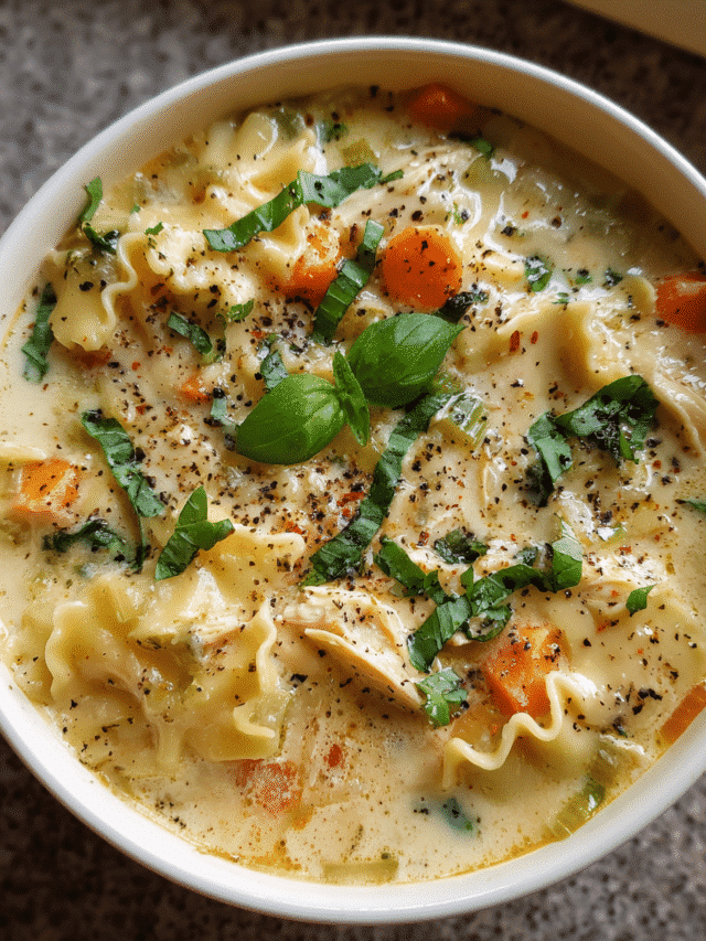 Creamy Chicken Lasagna Soup in a bowl with basil and Parmesan