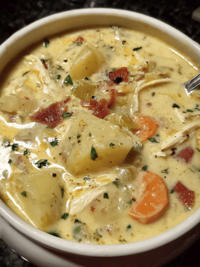 Creamy Chicken Ranch Potato Soup in a bowl with cheddar and herbs