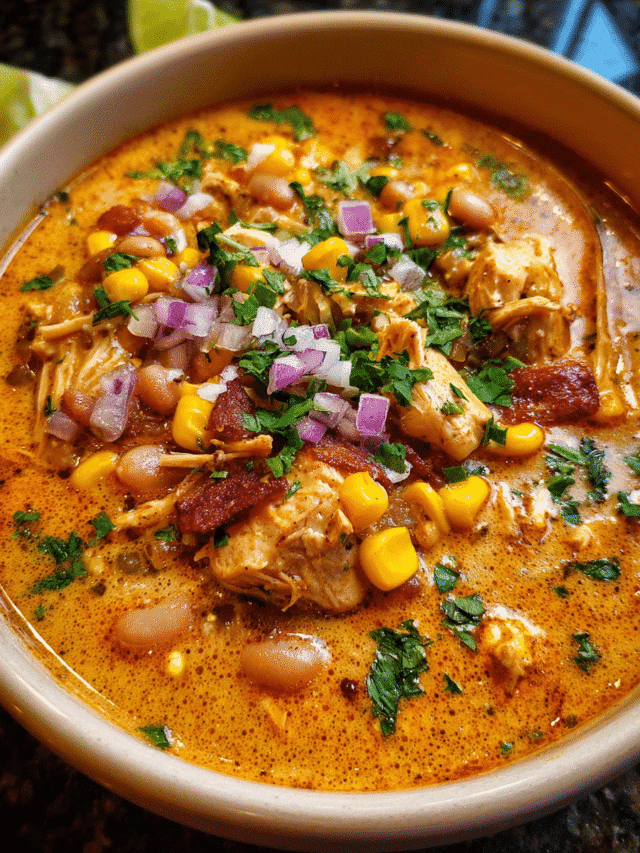Bowl of creamy chipotle chicken soup with fresh herbs on top