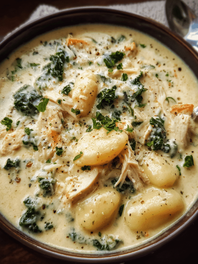 Creamy Garlic Chicken Gnocchi Soup in a white bowl topped with Parmesan and kale