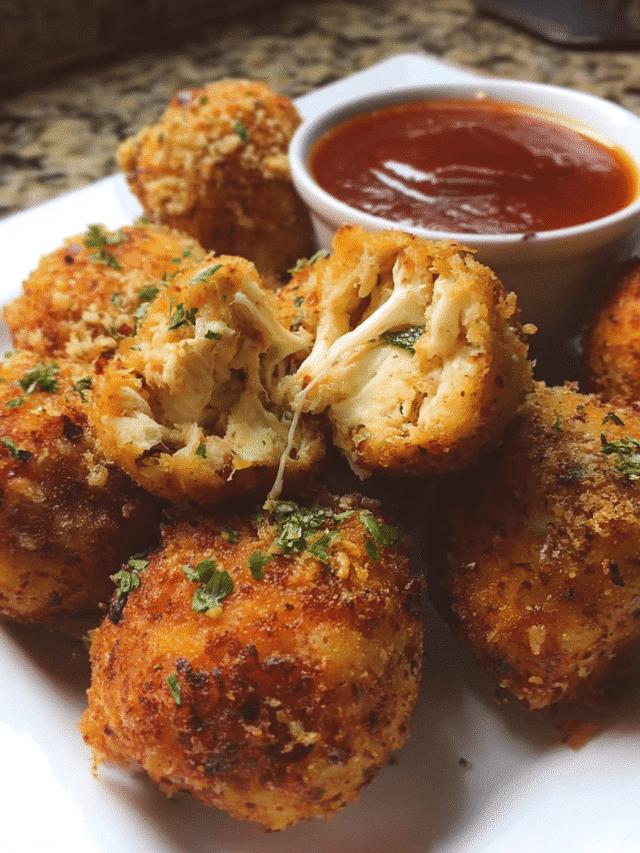 Golden crispy chicken cheese balls with melted mozzarella center