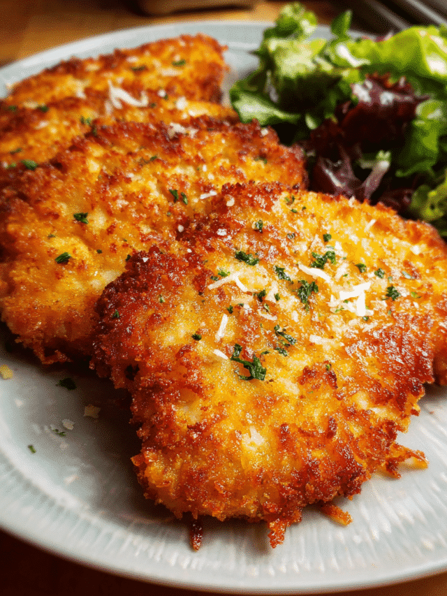Golden crispy hash brown chicken cutlets on a plate