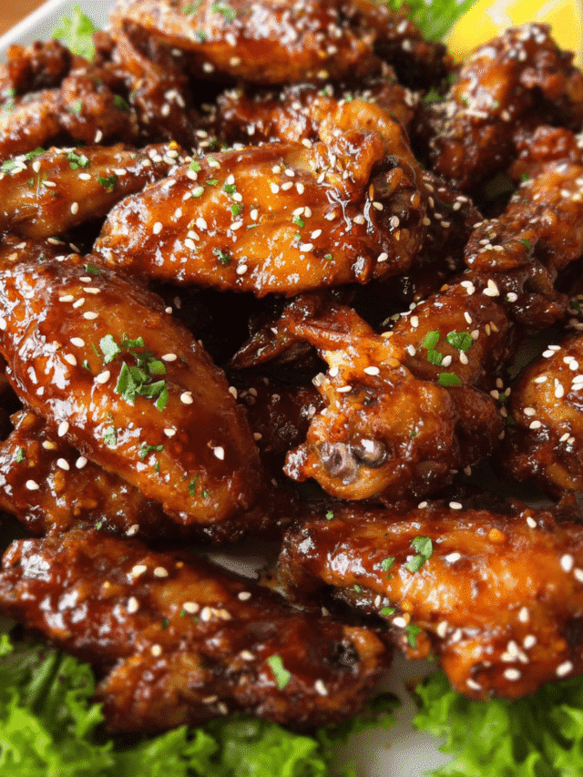 Crispy honey garlic chicken wings glazed and topped with sesame seeds