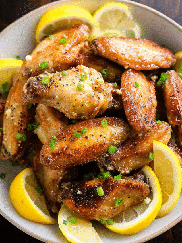 Crispy baked lemon garlic chicken wingettes garnished with lemon wedges and scallions