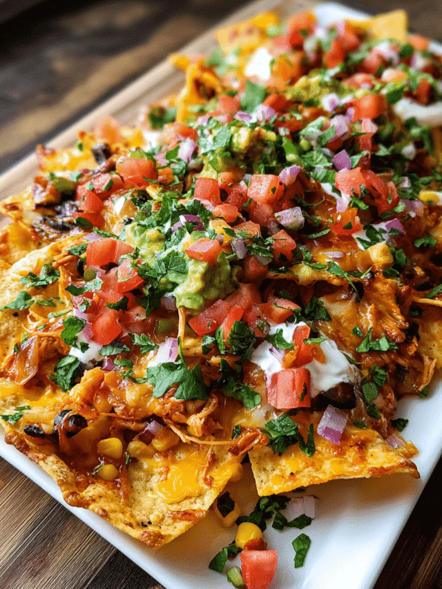 Loaded chicken nachos topped with melted cheese, beans, corn, and fresh cilantro