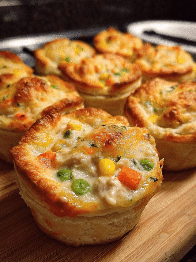 Golden mini chicken pot pie cups baked in a muffin tin