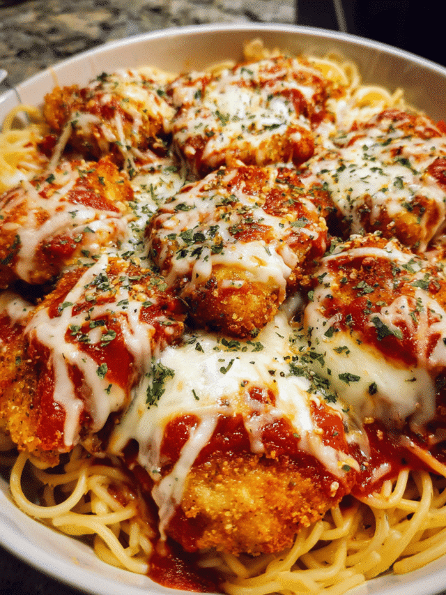 Parmesan Chicken Nugget Pops baked with marinara and melted mozzarella