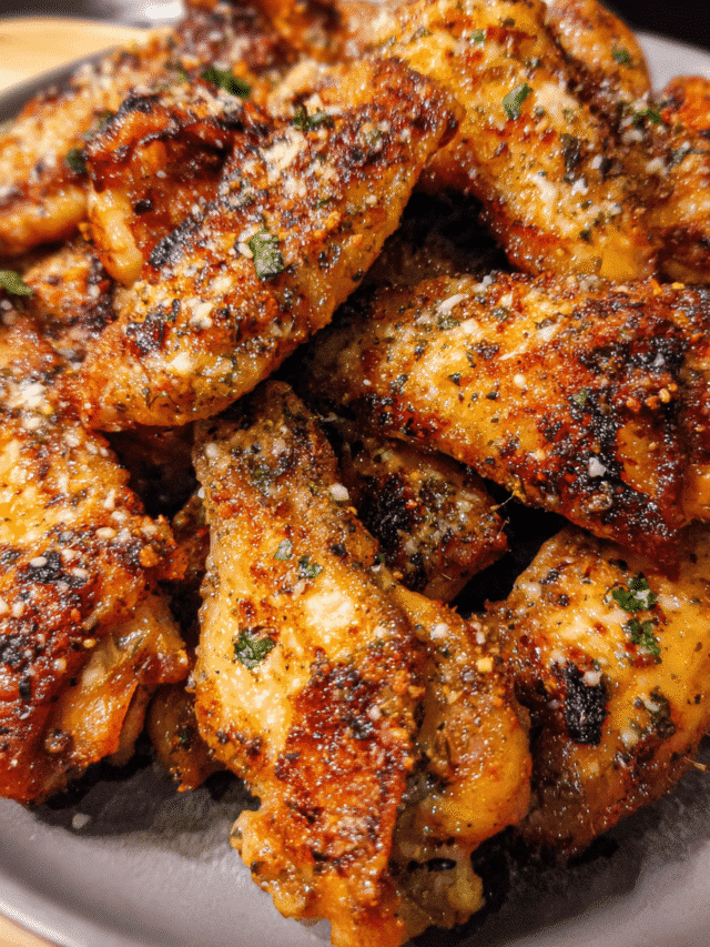 Crispy Parmesan Garlic Chicken Wings topped with fresh parsley