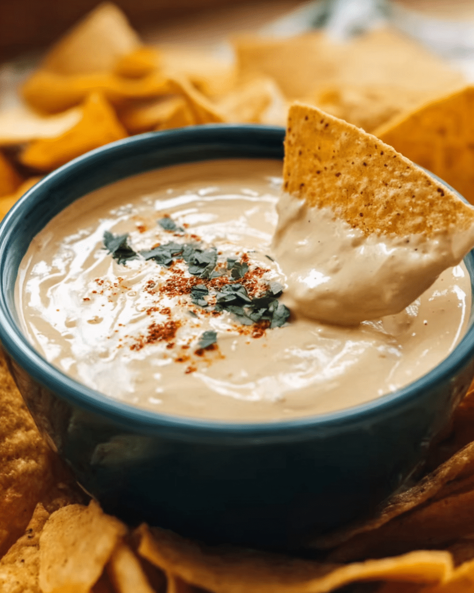 Creamy 3 Ingredient Vegan Queso made with cashews and green chiles