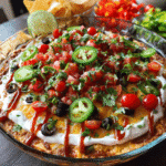 Colorful homemade 7 layer dip served with tortilla chips