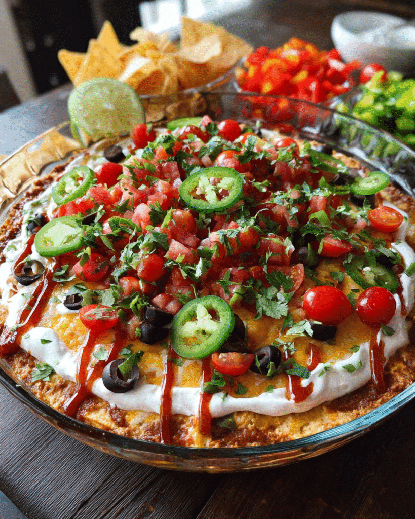 Colorful homemade 7 layer dip served with tortilla chips