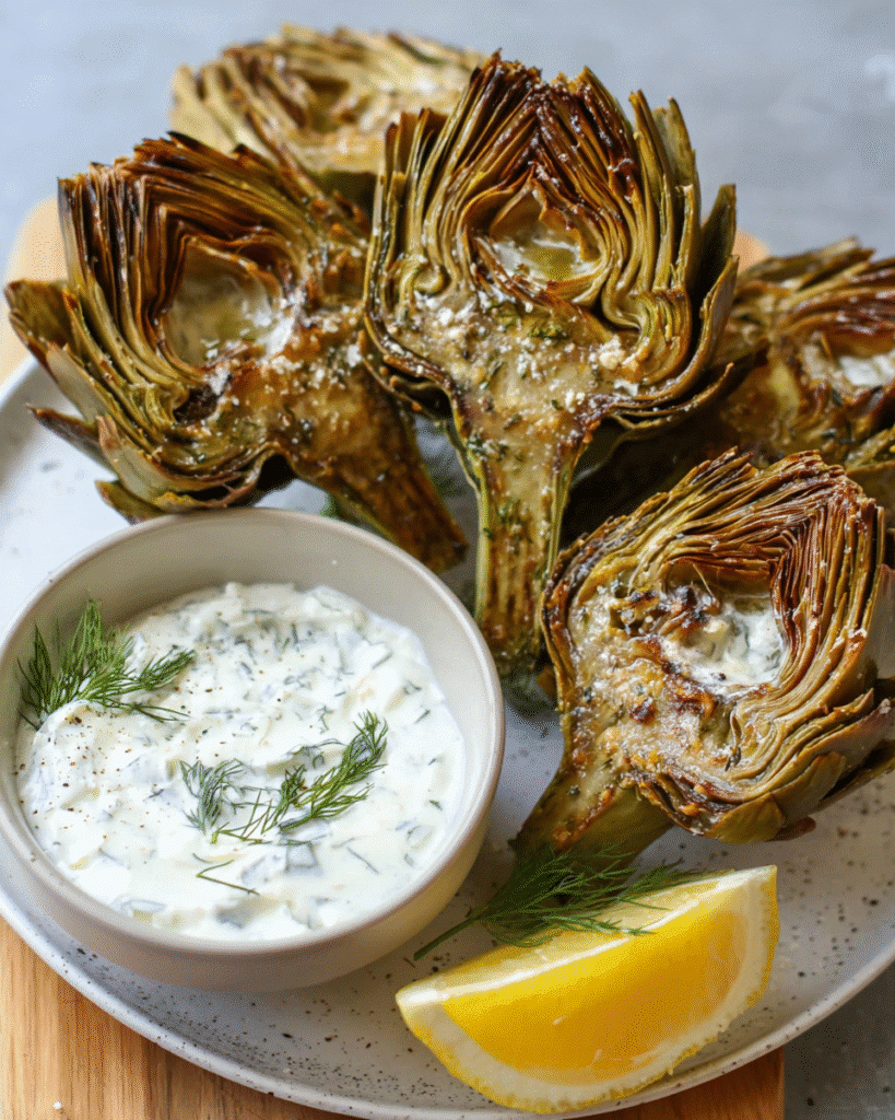 Air fryer artichokes served with creamy feta yogurt dip