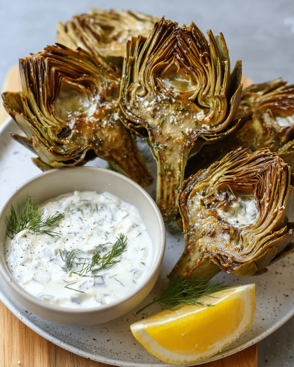 Air fryer artichokes served with creamy feta yogurt dip