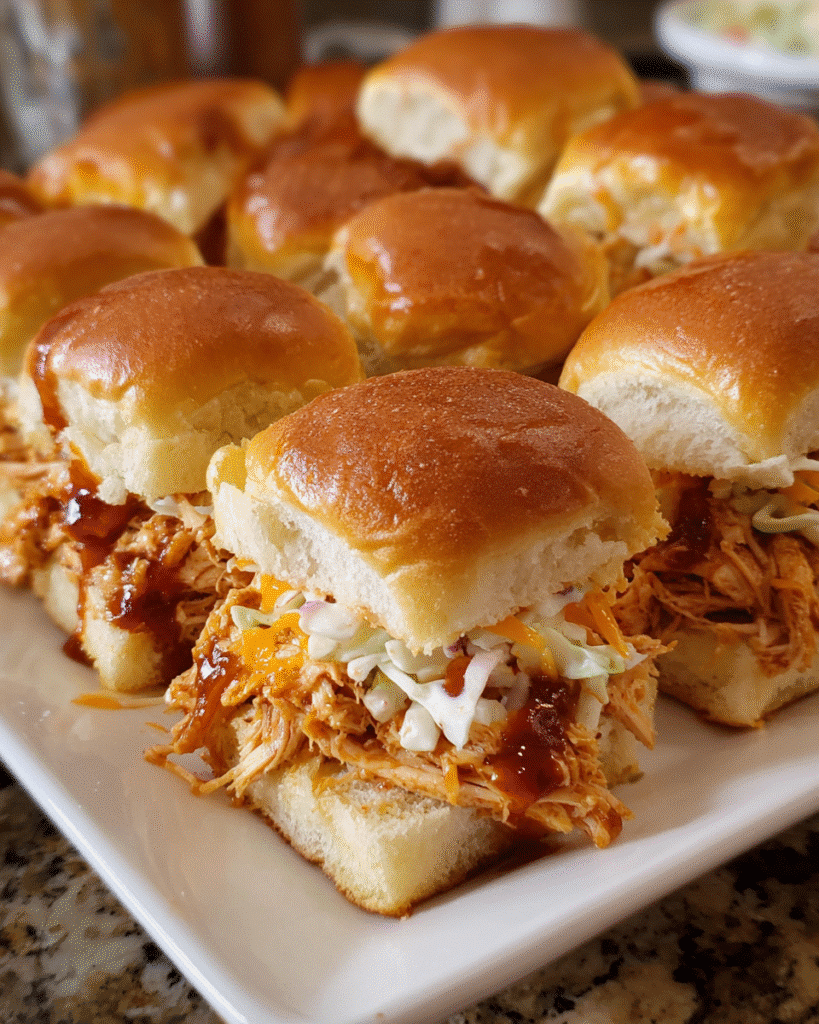 BBQ Chicken Slider Bites with melted cheddar and coleslaw