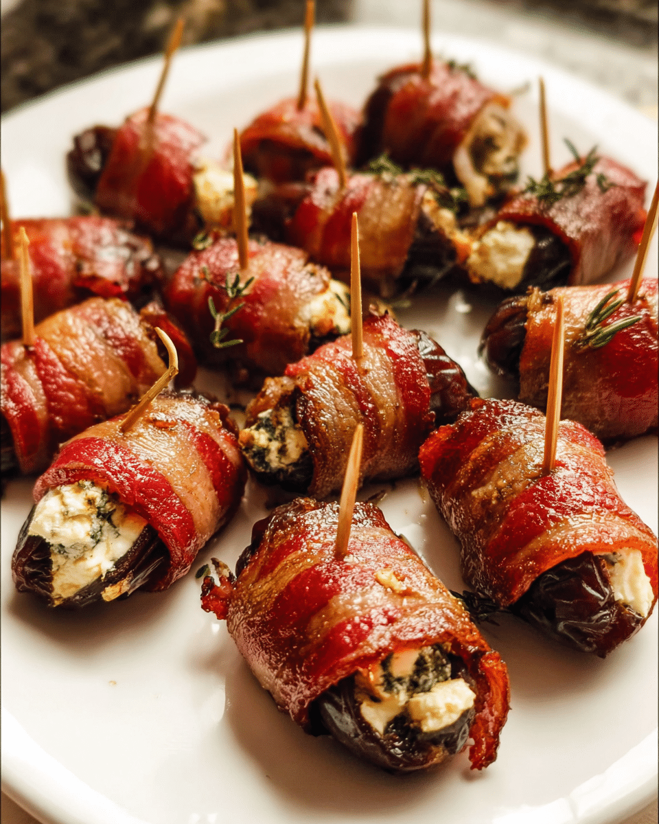 Bacon-wrapped dates stuffed with goat cheese on a serving platter