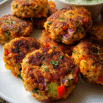 Golden baked salmon cakes on a plate with dipping sauce