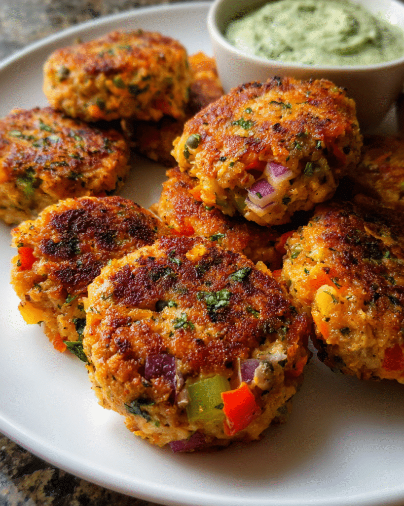 Golden baked salmon cakes on a plate with dipping sauce