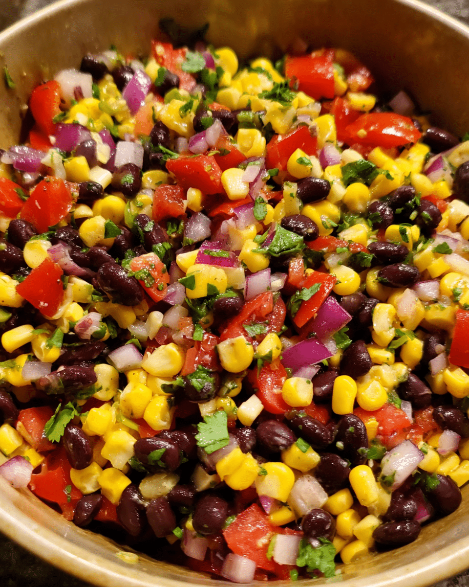 Black bean and corn salsa with lime, cilantro, and tortilla chips